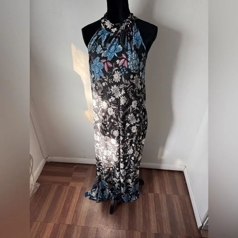 Mai Soli Mock Neck Floral Maxi Dress Made in USA Side Slit Key Hole Closer Sm
